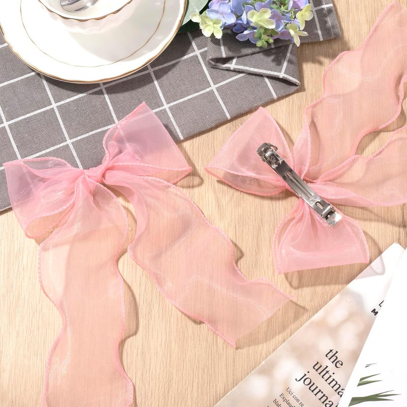 STSTR 2Pcs Large Hair Bow Clips, Pink Silk Yarn Ribbon Bow Hair Barrette for Women, Elegant Long Tail Bowknot French Hairstyles Accessories for Wedding, Parties, Festivals - Style 4 - Image 3
